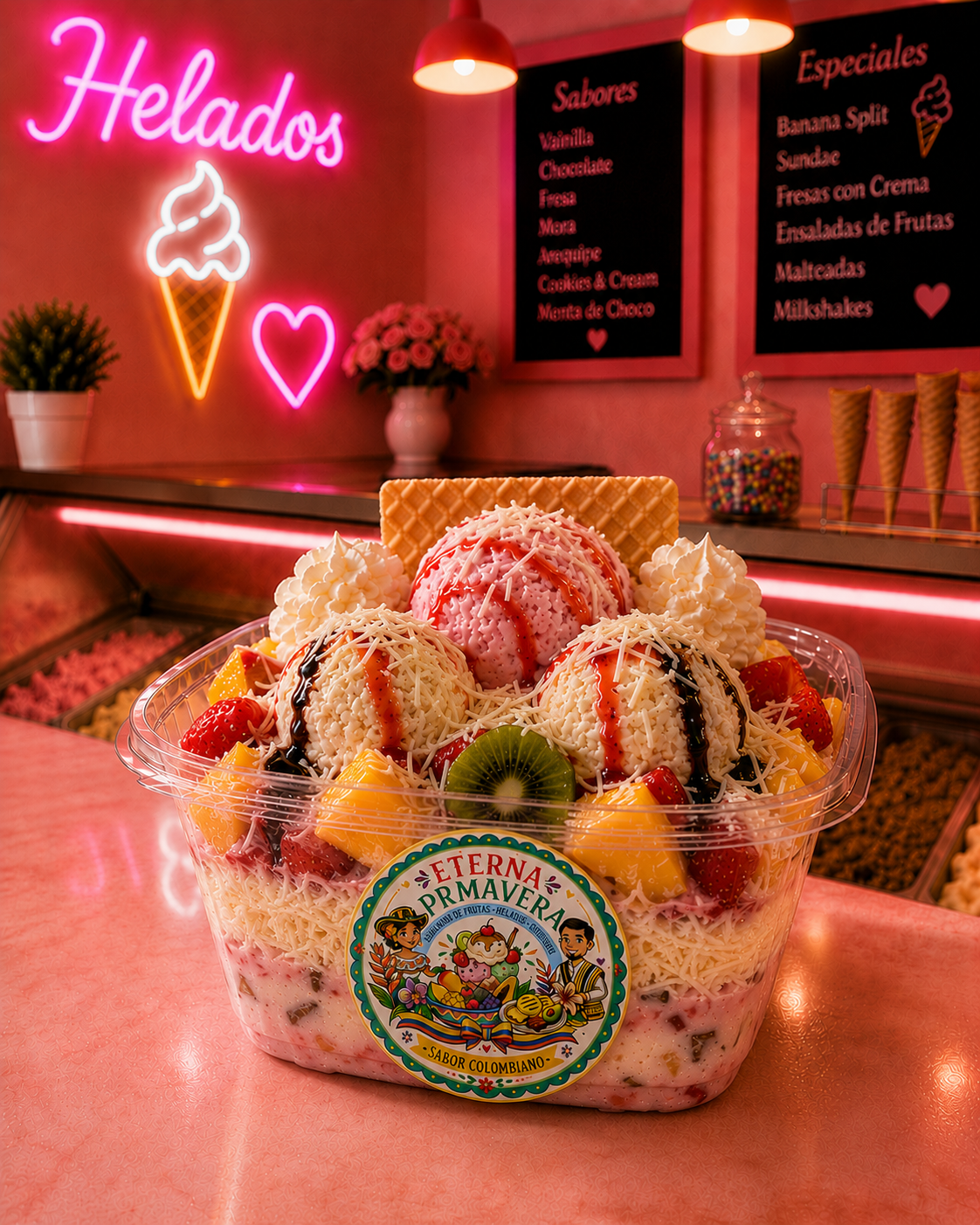 Ensalada de fruta colombiana de Eterna Primavera con helados y toppings