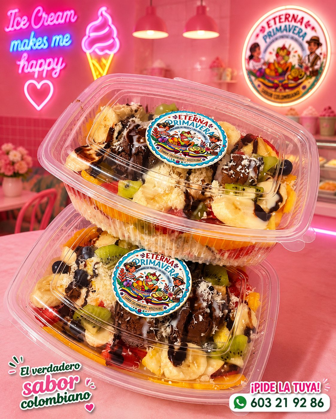 Ensalada de fruta grande con chocolate, banano y coco