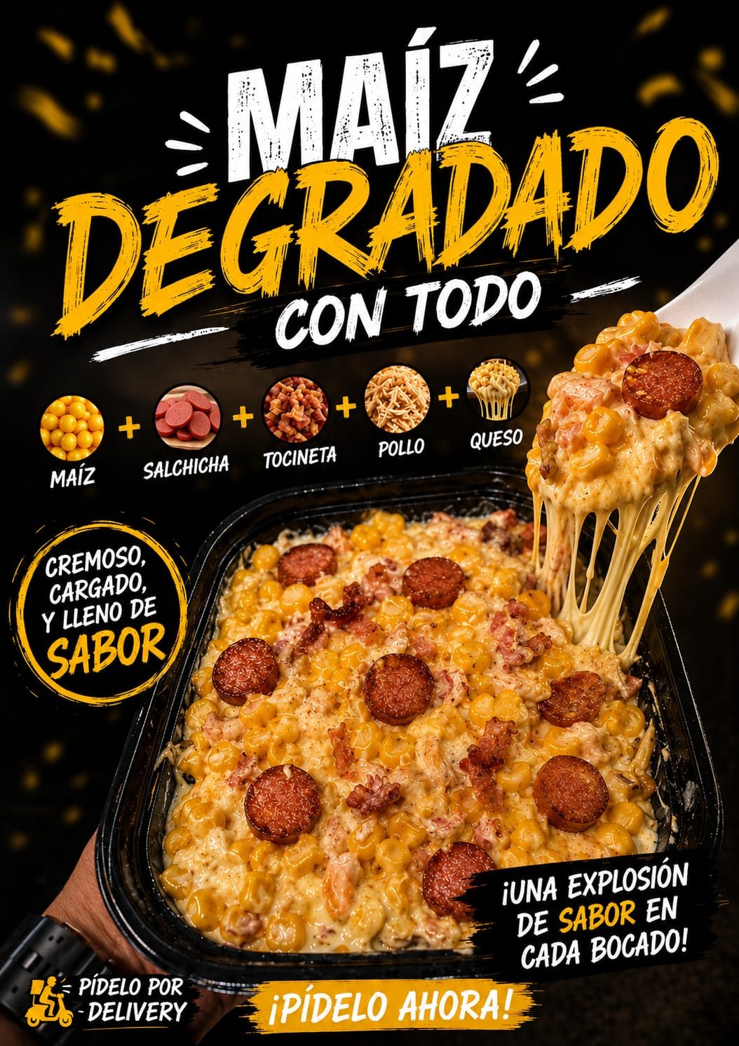 Maíz Degradado con todo: salchicha, tocineta, pollo y queso