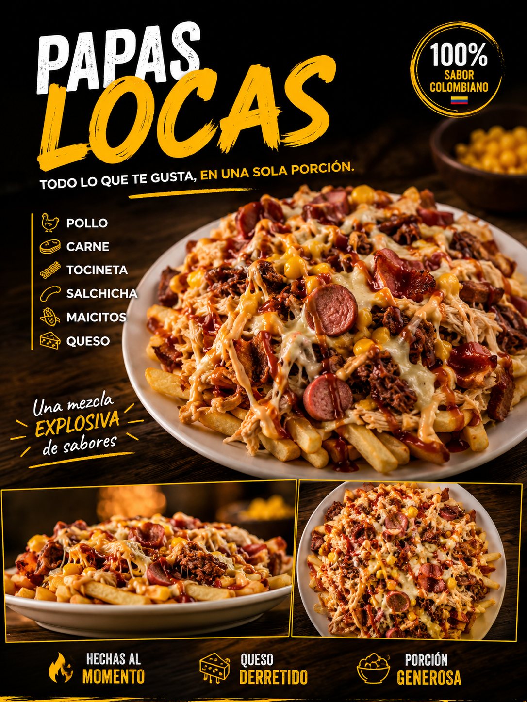 Papas Locas de Eterna Primavera con pollo, carne, tocineta, salchicha, maicitos y queso derretido