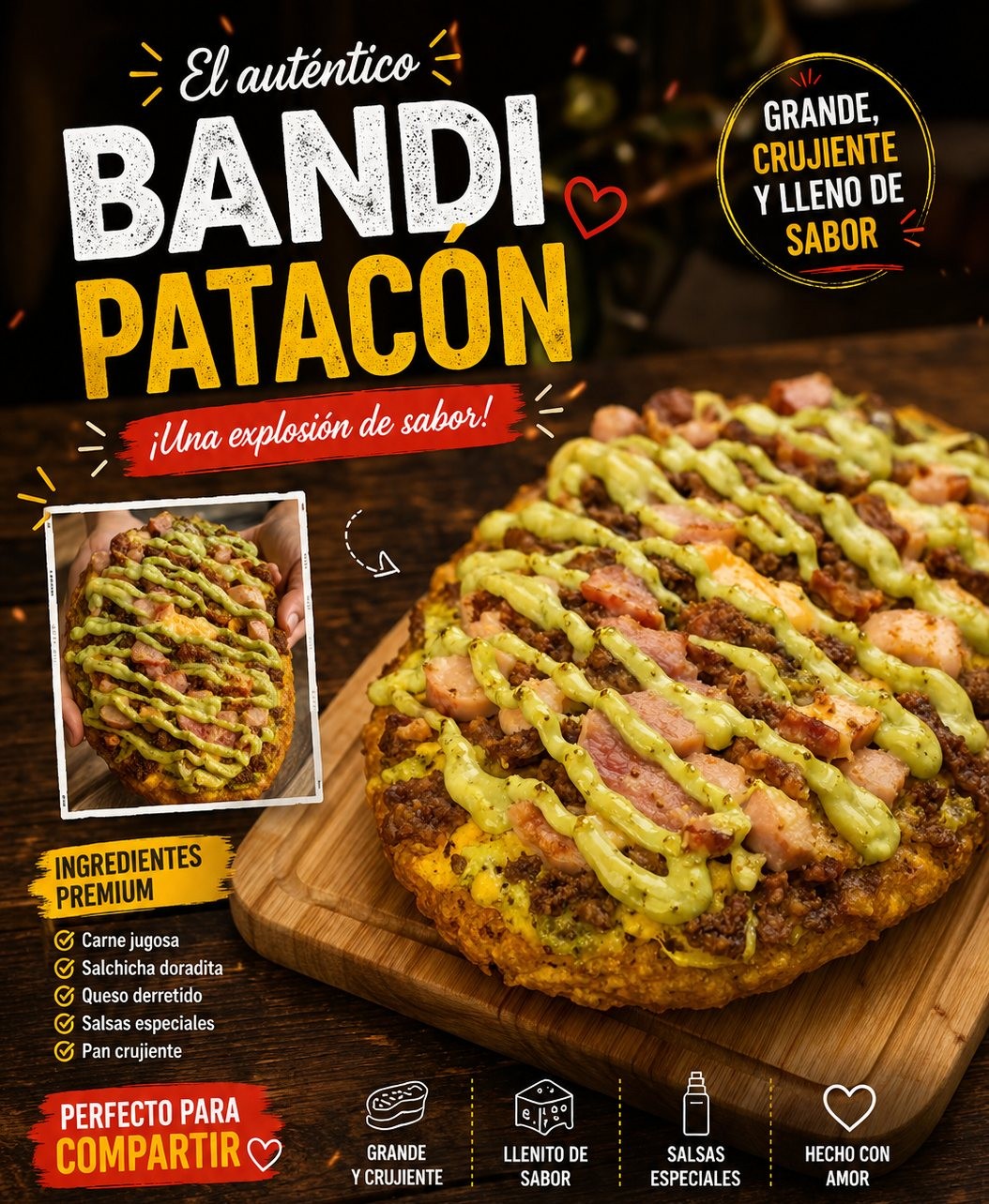 Bandi Patacón: carne jugosa, salchicha, queso derretido y salsas especiales