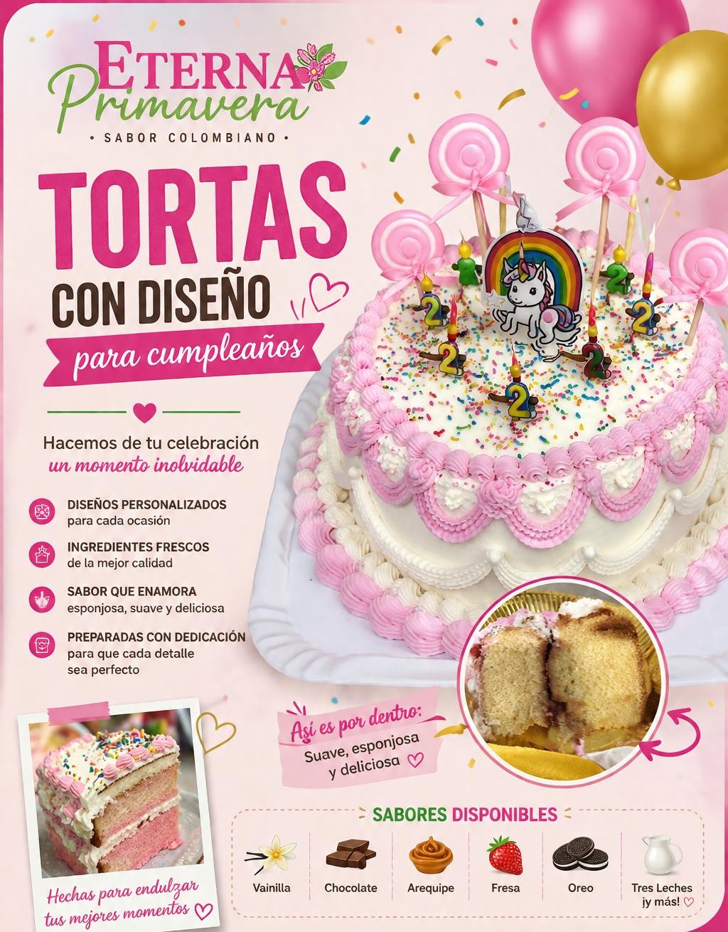 Torta personalizada de cumpleaños Eterna Primavera con diseño de unicornio